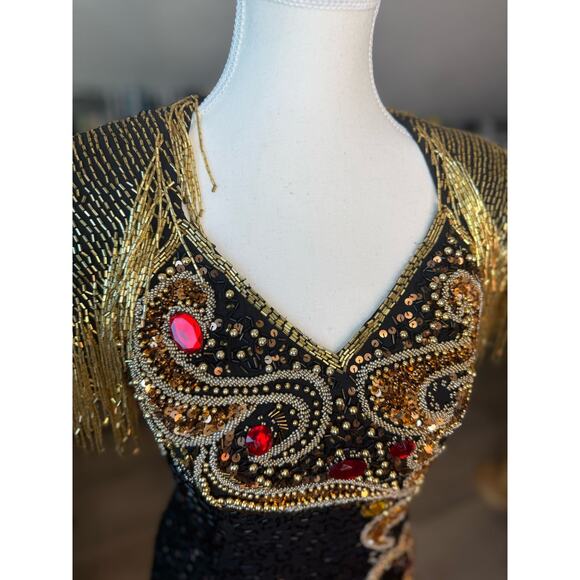 Vintage Ornate Fringe Beaded Cocktail Black Gold Embellished Party Dress Size 4 - Picture 14 of 16